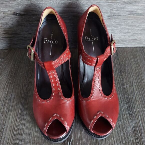 Red Linea Paolo Wedge Peep Toe Mary Janes Size 8 - Picture 4 of 7